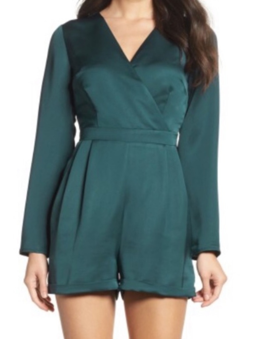 🟠NWT 19 COOPER Satin Long Sleeve Romper w/Pockets in Teal Green